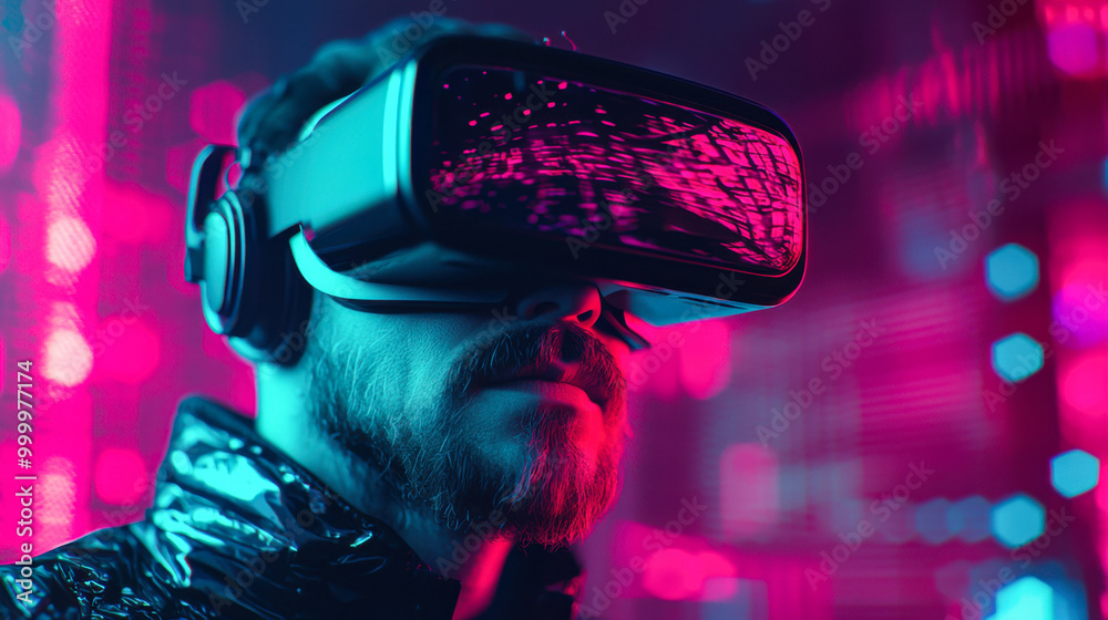 Man wearing VR headset in neon light. Man wearing VR headset in neon light.