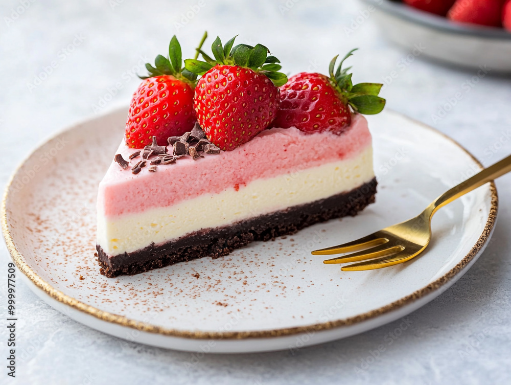 A slice of strawberry cheesecake on a white plate, with fresh strawberries and a clean background.
A slice of strawberry cheesecake on a white plate, with fresh strawberries and a clean background.