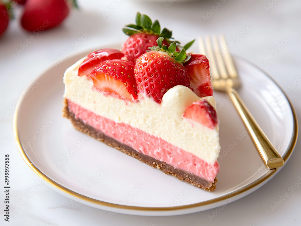 A slice of strawberry cheesecake on a white plate, with fresh strawberries and a clean background.
A slice of strawberry cheesecake on a white plate, with fresh strawberries and a clean background.