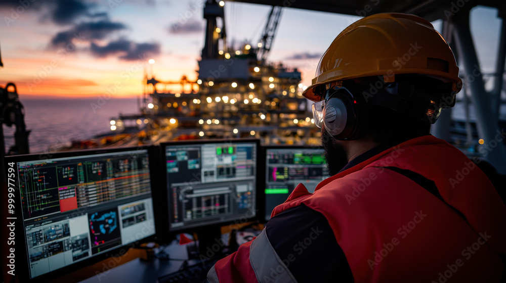 Worker on an oil rig at sunset. Worker on an oil rig at sunset.