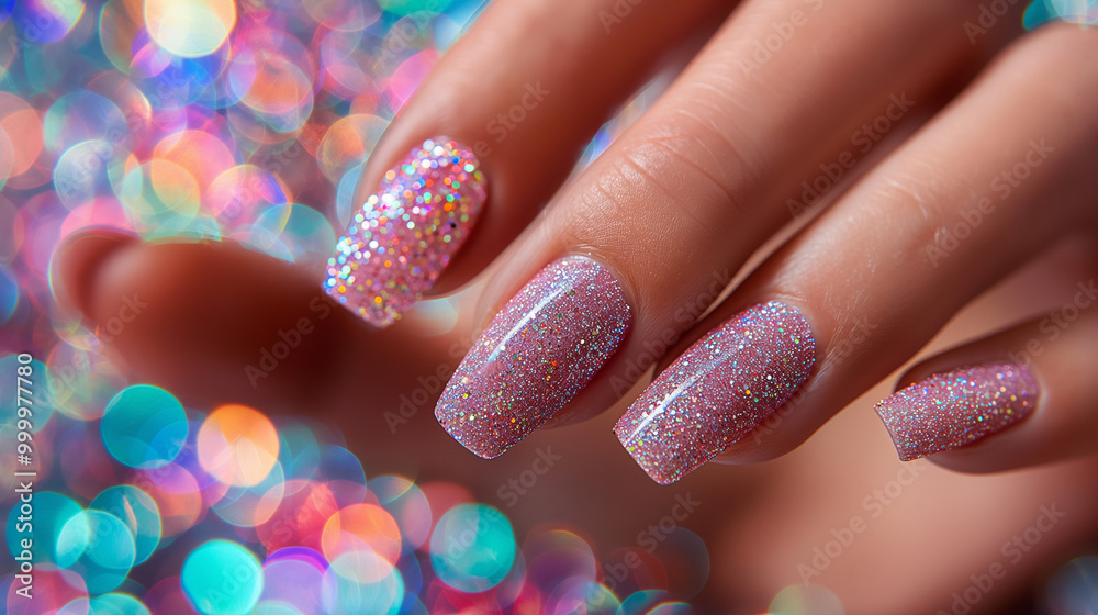 Close-up of glittery multicolored nails with a sparkling bokeh background Close-up of glittery multicolored nails with a sparkling bokeh background
