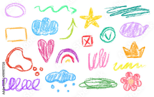 Set with line and speech bubble in childlike style with crayon texture. Vector trendy illustration