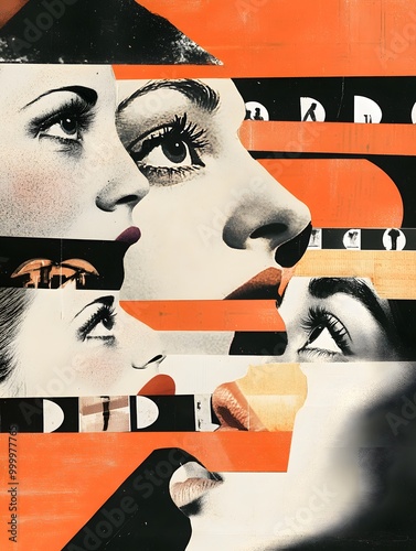 Collage of four female faces in black and white, layered with orange and black stripes. The eyes of all four women are looking up.