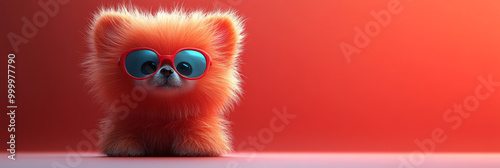 Cute fluffy puppy wearing red sunglasses