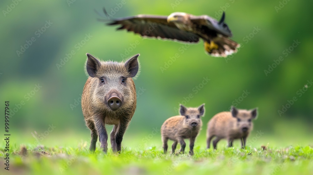 Wild Boar Family with Eagle in Nature Scene