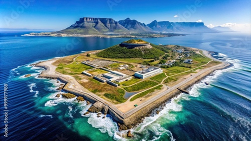 Historic prison tour on Robben Island with view of Table Mountain photo