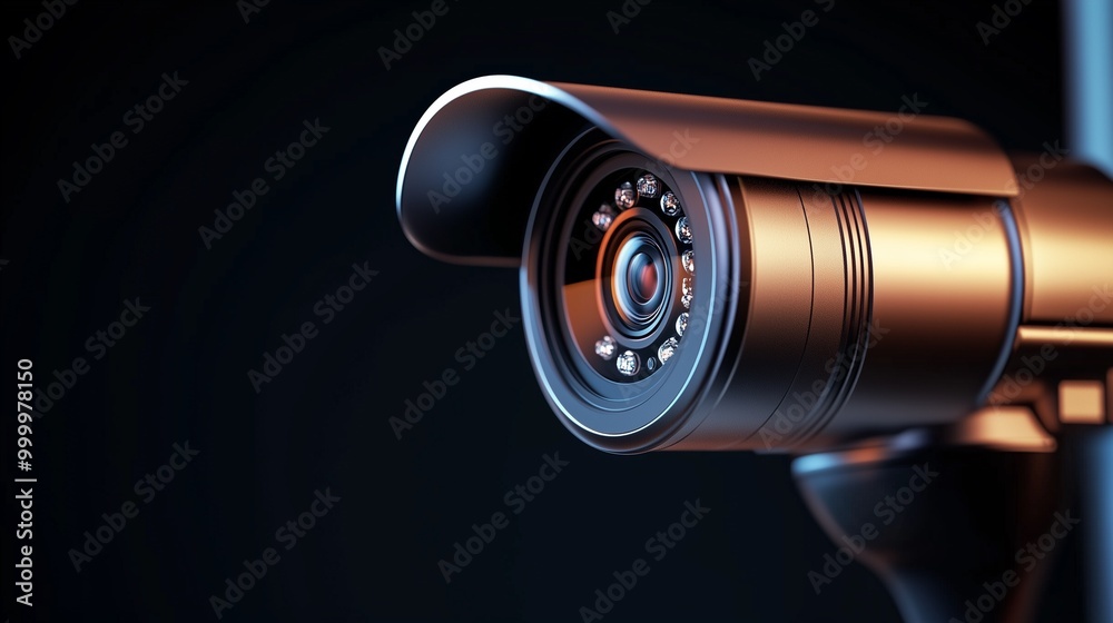 Close-up view of a modern surveillance camera on a dark background, highlighting its design and features. Close-up view of a modern surveillance camera on a dark background, highlighting its design and features.