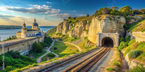 Historical Inkerman St. Klimentovsky Cave Monastery railway and ancient Kalamita fortress in Sevastopol from high angle photo