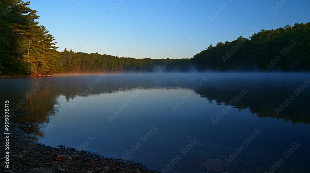 A serene lake with mist rising from the water, surrounded by lush green trees on a clear blue sky morning.
