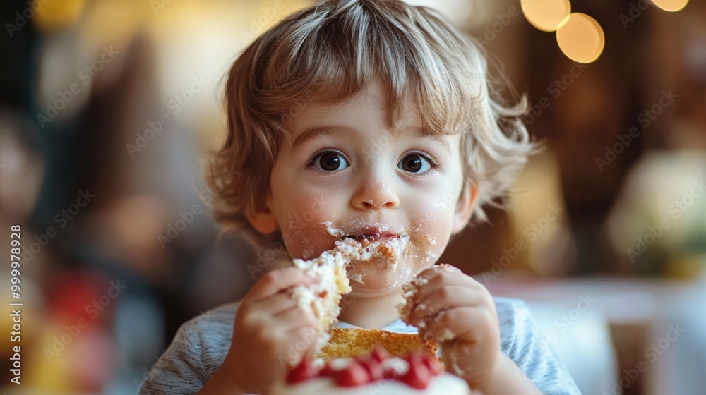 Adorable toddler with curly blonde hair and bright eyes eagerly bites into a messy cupcake, face covered in frosting, capturing pure childhood joy and innocence. Adorable toddler with curly blonde hair and bright eyes eagerly bites into a messy cupcake, face covered in frosting, capturing pure childhood joy and innocence.