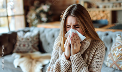 A woman with long hair is sitting on a couch, looking distressed while holding a tissue to her nose, implying she has a cold or allergy.