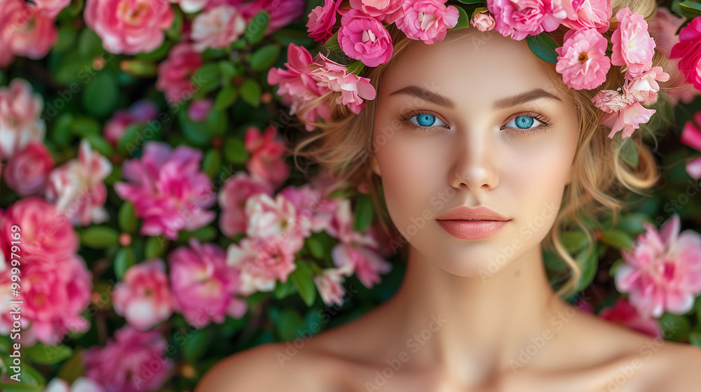 Beautiful woman with blue eyes and floral crown surrounded by pink flowers Beautiful woman with blue eyes and floral crown surrounded by pink flowers