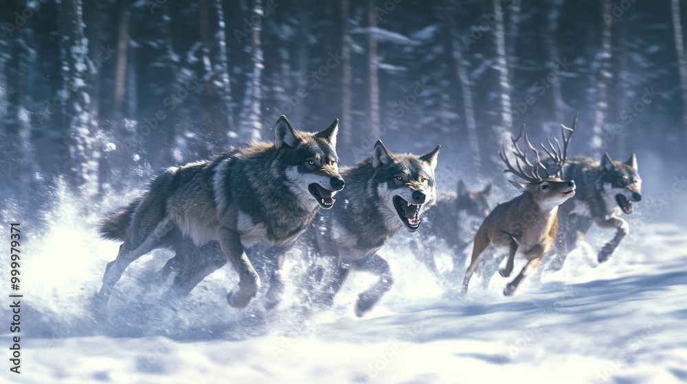 Naklejka premium Wolves Chasing Deer in a Snowy Forest Landscape