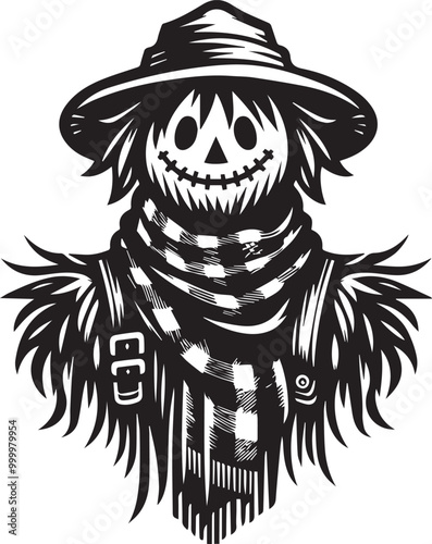 A scarecrow with a scarf and hat vector illustration silhouette