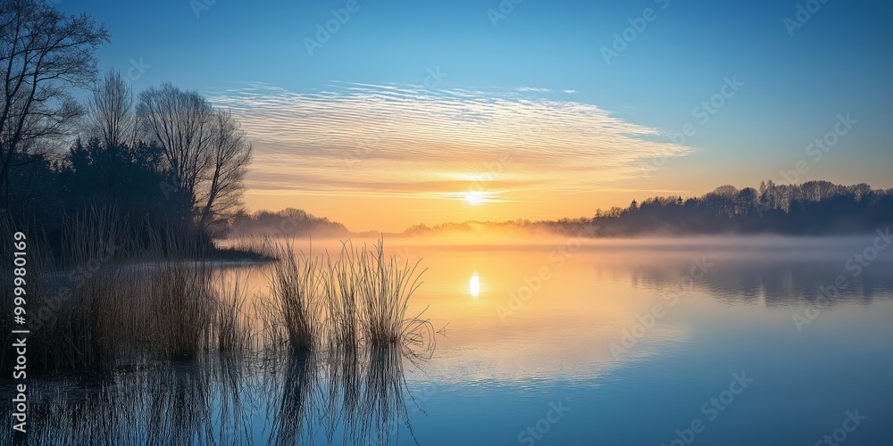 A tranquil sunrise over a calm lake with a misty morning atmosphere, surrounded by trees and reeds reflecting in the water. A tranquil sunrise over a calm lake with a misty morning atmosphere, surrounded by trees and reeds reflecting in the water.