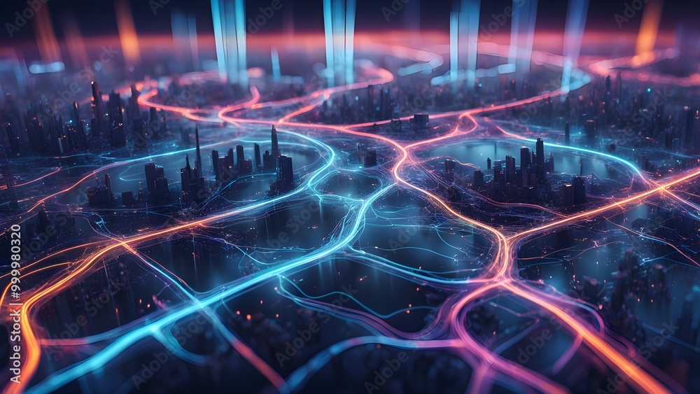 Fototapeta premium A futuristic cityscape with glowing lines representing data flow and connections.