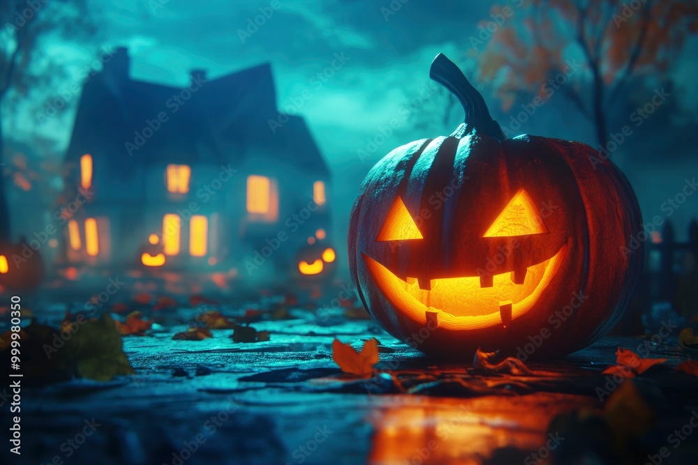 Halloween background with pumpkin in a spooky night. 3d illustration - generative ai Halloween background with pumpkin in a spooky night. 3d illustration - generative ai