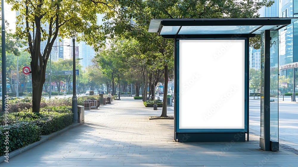 Fototapeta premium A blank white poster on the side of a bus stop shelter, with a clean glass structure and surrounding city streets in the background.