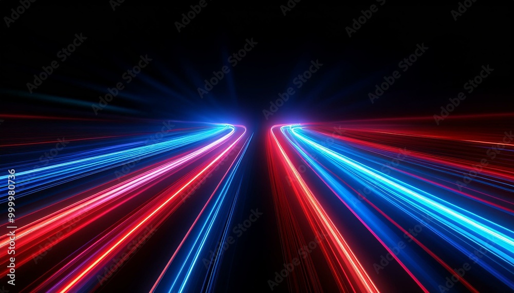 Speed light road lines. Neon effect of blue and red abstract stripes. A trace from a fast moving car. Path of laser beams. A stream of LED flashes on a black background.