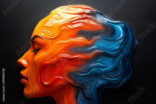 An artistic interpretation of a woman's profile with flowing colors representing emotions and creativity against a dark backdrop photo