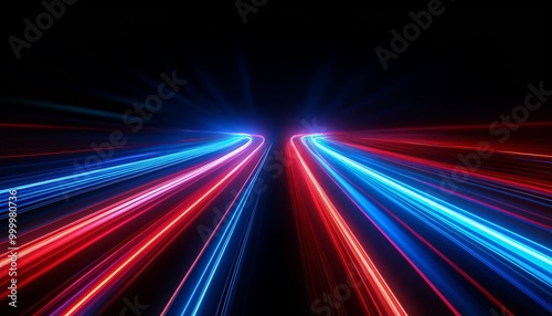 Speed light road lines. Neon effect of blue and red abstract stripes. A trace from a fast moving car. Path of laser beams. A stream of LED flashes on a black background.