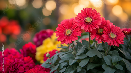 Vibrant red gerbera daisies bloom beautifully in a garden during the golden hour, surrounded by colorful flowers