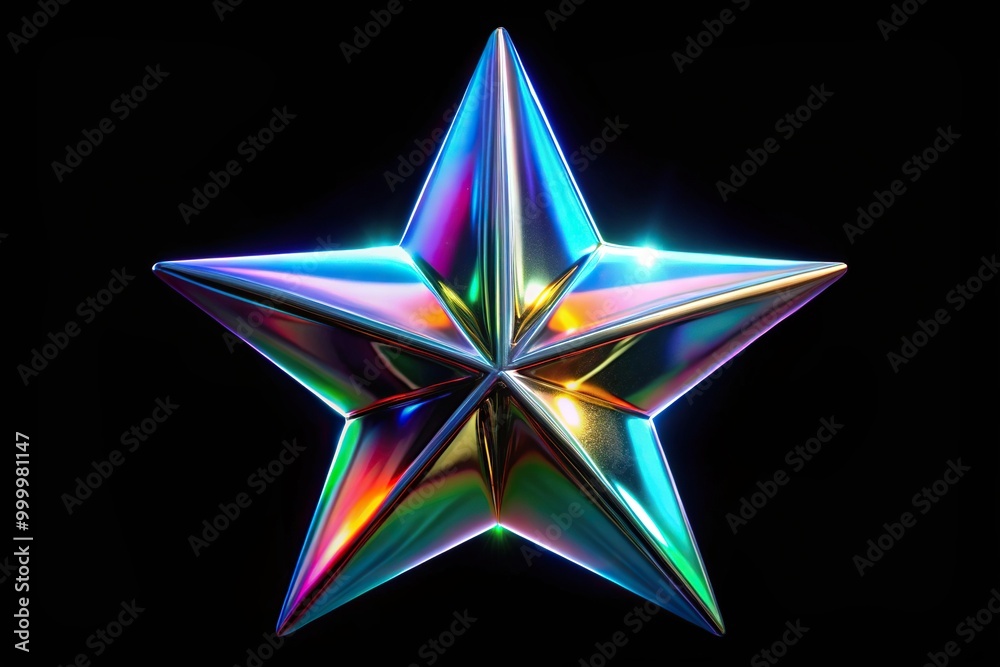 Holographic chrome metal star on black background