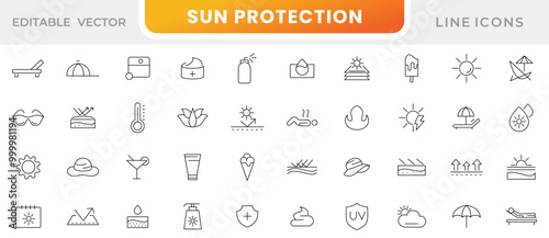 Sun Protection line icon set. Sunscreen, ultraviolet, sunglasses, sunlight, cream, UV, Sunburn, SPF cream, skin care, Face sun lotion, tanning line icon set. Ui thin line icon pack.