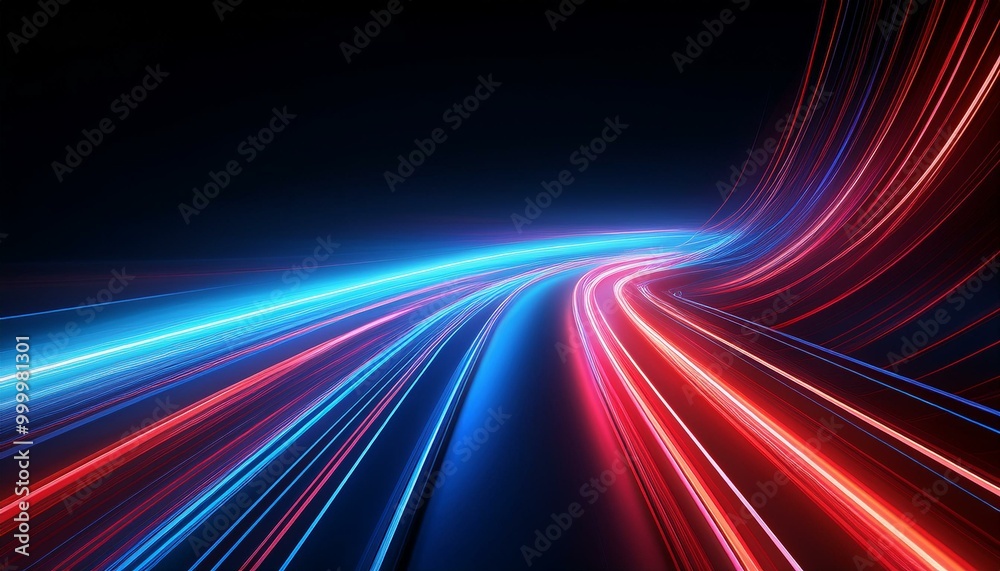 Speed light road lines. Neon effect of blue and red abstract stripes. A trace from a fast moving car. Path of laser beams. A stream of LED flashes on a black background. Speed light road lines. Neon effect of blue and red abstract stripes. A trace from a fast moving car. Path of laser beams. A stream of LED flashes on a black background.