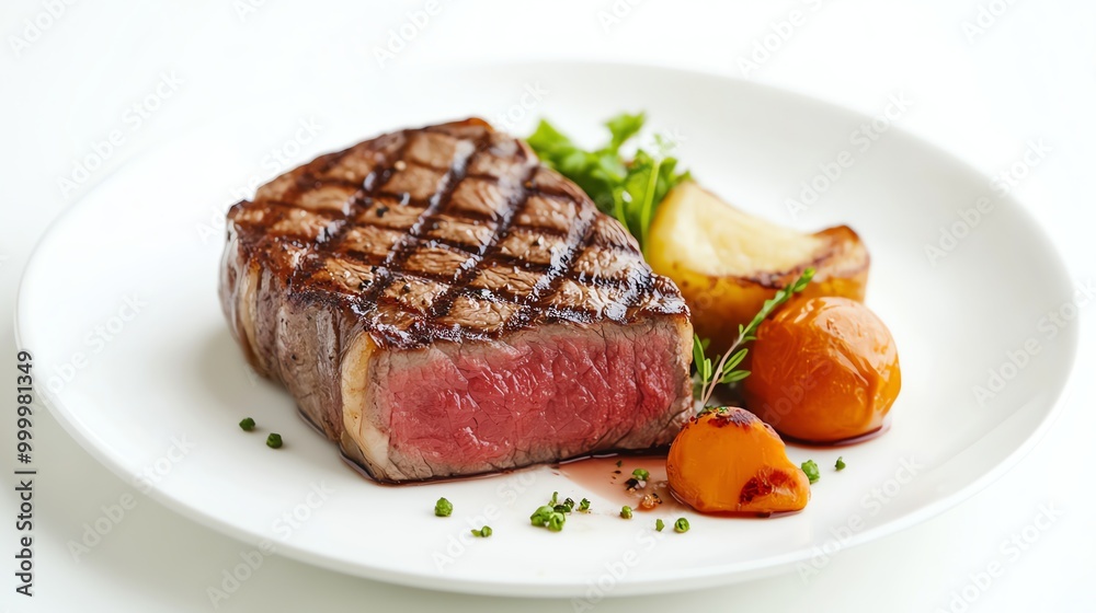A juicy steak with roasted vegetables on a white plate. A juicy steak with roasted vegetables on a white plate.