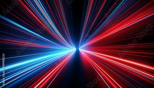 Speed light road lines. Neon effect of blue and red abstract stripes. A trace from a fast moving car. Path of laser beams. A stream of LED flashes on a black background.