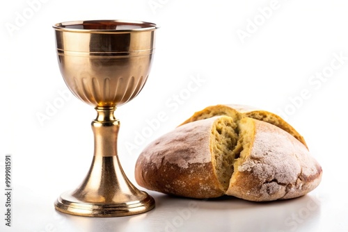 Holy communion chalice with wine and bread isolated on white background