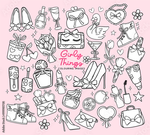 Retro Pink Girly Things Coloring image clipart set Preppy Coquette stuff Aesthetic doodle hand drawing collection