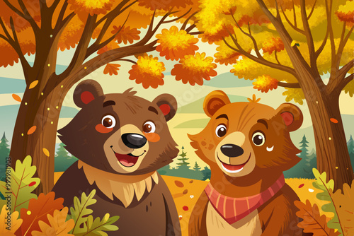 funny two brown bear in autumn park with oak trees , vector cartoon illustration, landscape background