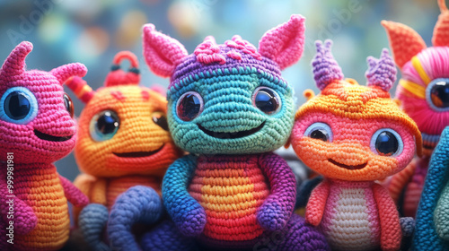 Colorful crocheted toys with big eyes and happy smiles.