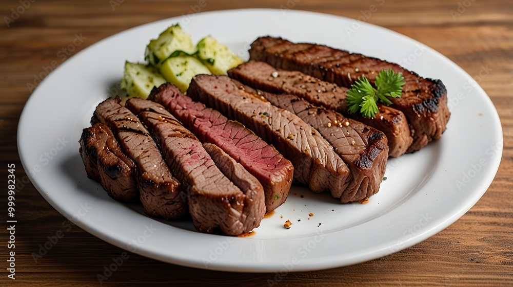Top view of roast beef spicy covered in demi-glace gravy with mashed potatoes on a plate Churrasco on copy space plate isolated on a white background Top view of roast beef spicy covered in demi-glace gravy with mashed potatoes on a plate Churrasco on copy space plate isolated on a white background