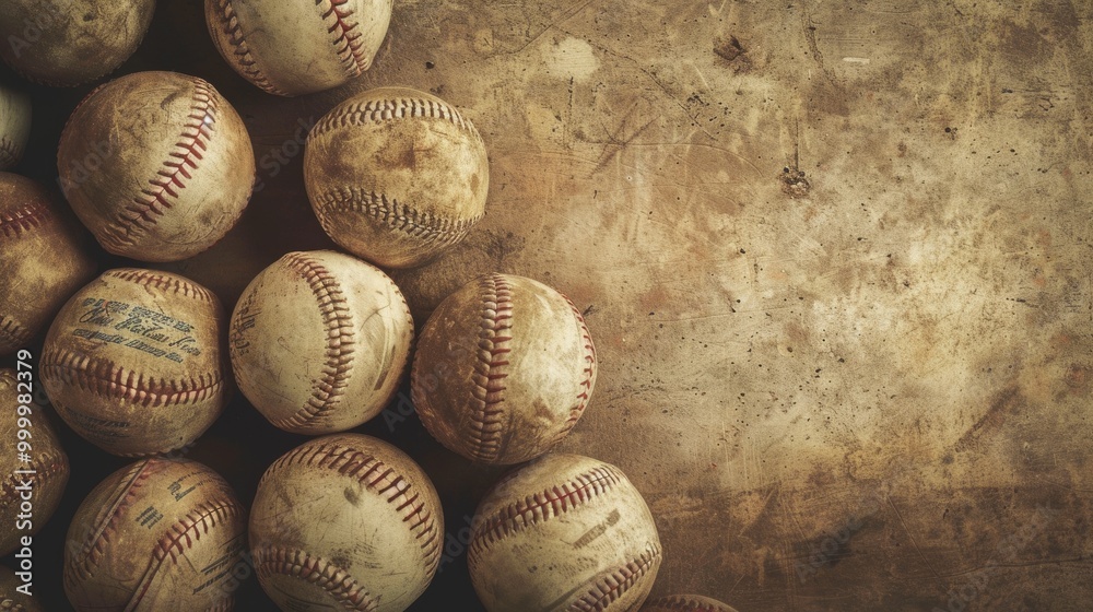 A collection of old, worn baseballs on a dusty surface, evoking nostalgia for past games and memories. A collection of old, worn baseballs on a dusty surface, evoking nostalgia for past games and memories.