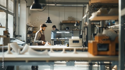 Two individuals in a modern workshop creating 3D models, surrounded by equipment and illuminated by industrial lights, embodying creativity and craftsmanship.