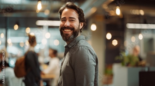 Bearded man in a bustling indoor setting, smiling warmly at the camera, capturing a moment of genuine warmth and connection.