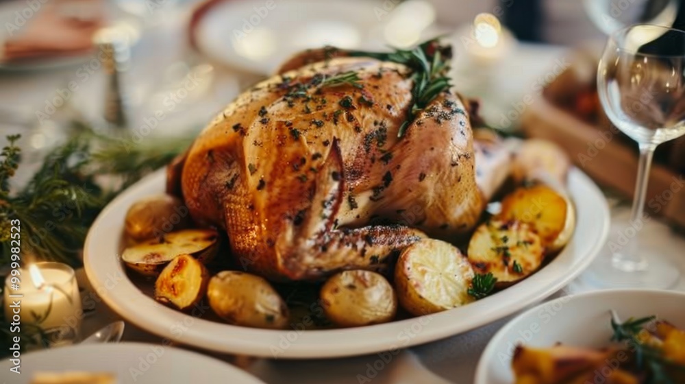 A beautifully roasted turkey garnished with herbs and surrounded by roasted potatoes, elegantly presented on a festive dining table. A beautifully roasted turkey garnished with herbs and surrounded by roasted potatoes, elegantly presented on a festive dining table.