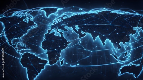 A glowing blue digital world map with interconnected lines and dots, representing global network, communication, technology, and connection.