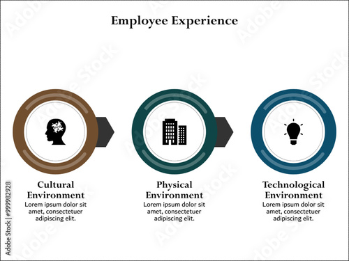 Three employee experience - Cultural, Physical, Technological Environment. Infographic template with icons and description placeholder