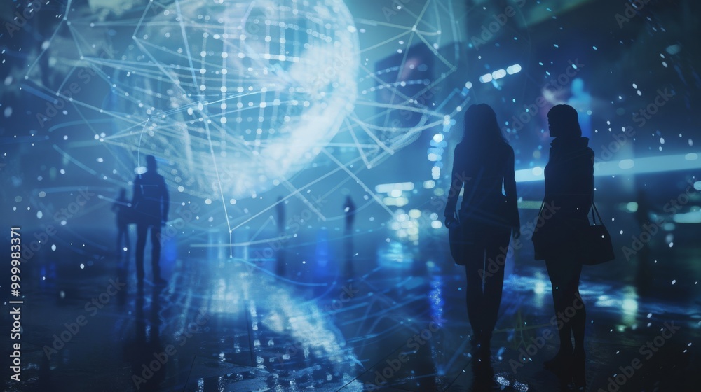 Obraz premium Silhouetted figures walk through a futuristic urban landscape, highlighted by a glowing digital globe and intricate light connections.