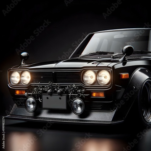 close up front view of black classic jdm car with headlamp isolated on black background