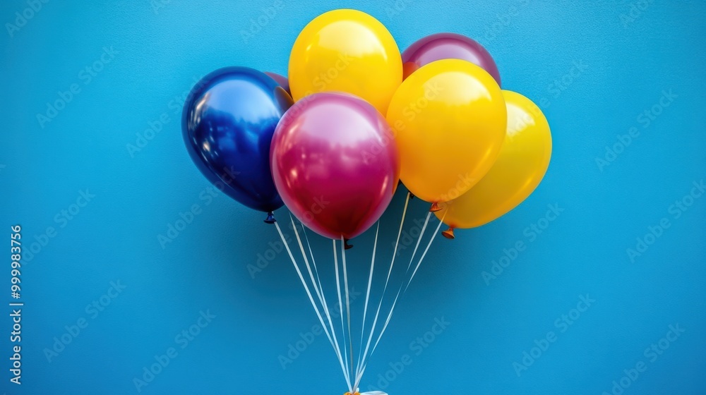 A cluster of colorful balloons tied together with white strings against a bright blue background. A cluster of colorful balloons tied together with white strings against a bright blue background.