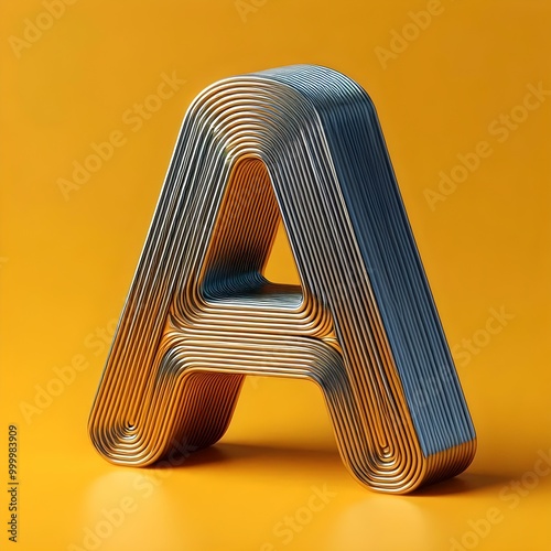 3d typography of the letter A, on a yellow background, chrome shiny texture photo