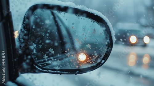 A close shot focused on a snowflake-covered rearview mirror of a car with blurred headlights in the background creating a wintry traffic atmosphere. photo