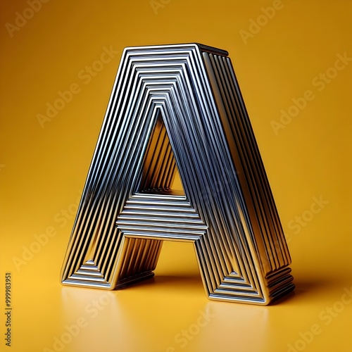 3d typography of the letter A, on a yellow background, chrome shiny texture