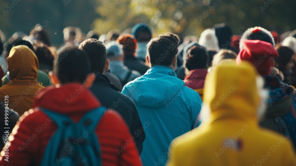 A diverse crowd of people dressed in winter attire, seen from behind as they walk through an outdoor area on a bright day, capturing the dynamics of city life.