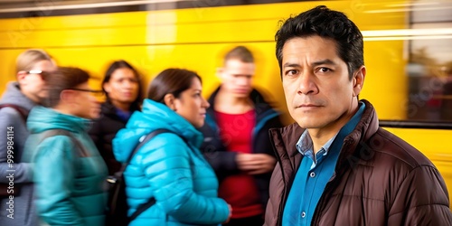 Hombre de mediana edad de pie en una estación de autobús o tren con el desenfoque de movimiento de los pasajeros photo